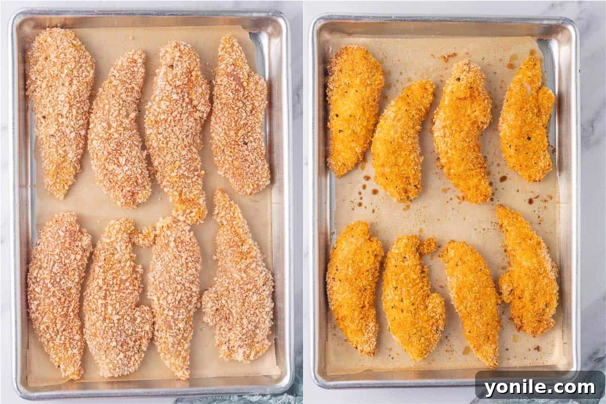Before and after of panko chicken on a baking tray.