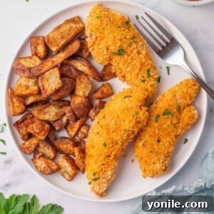 Chicken tenders and potatoes on a plate with a fork.