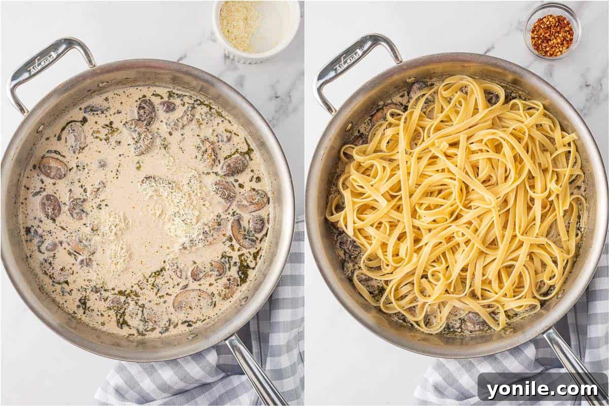 Cooked pasta is combined with mushroom cream sauce in a large skillet.