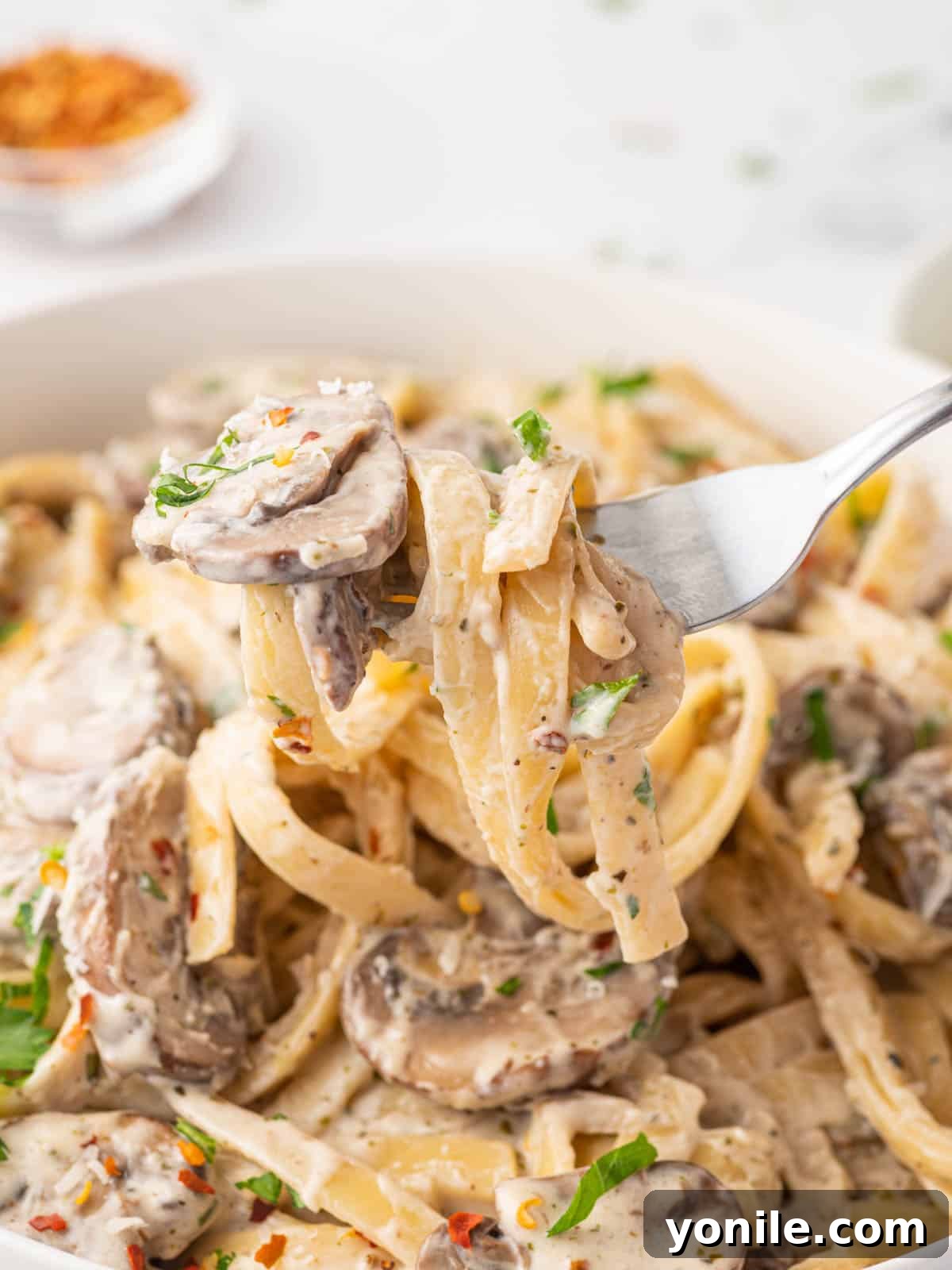 A fork picks up a scoop of fettuccine with mushroom sauce, showing the rich sauce.