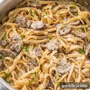 Pasta with creamy mushroom sauce, served in a bowl.