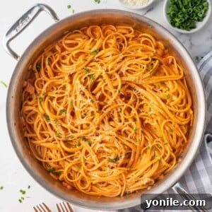 A skillet of creamy, spicy pasta.