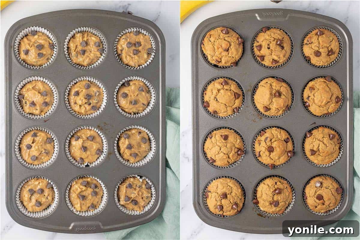 A side-by-side comparison of a muffin tin before and after baking, illustrating the rise and golden-brown finish of the gluten-free muffins.