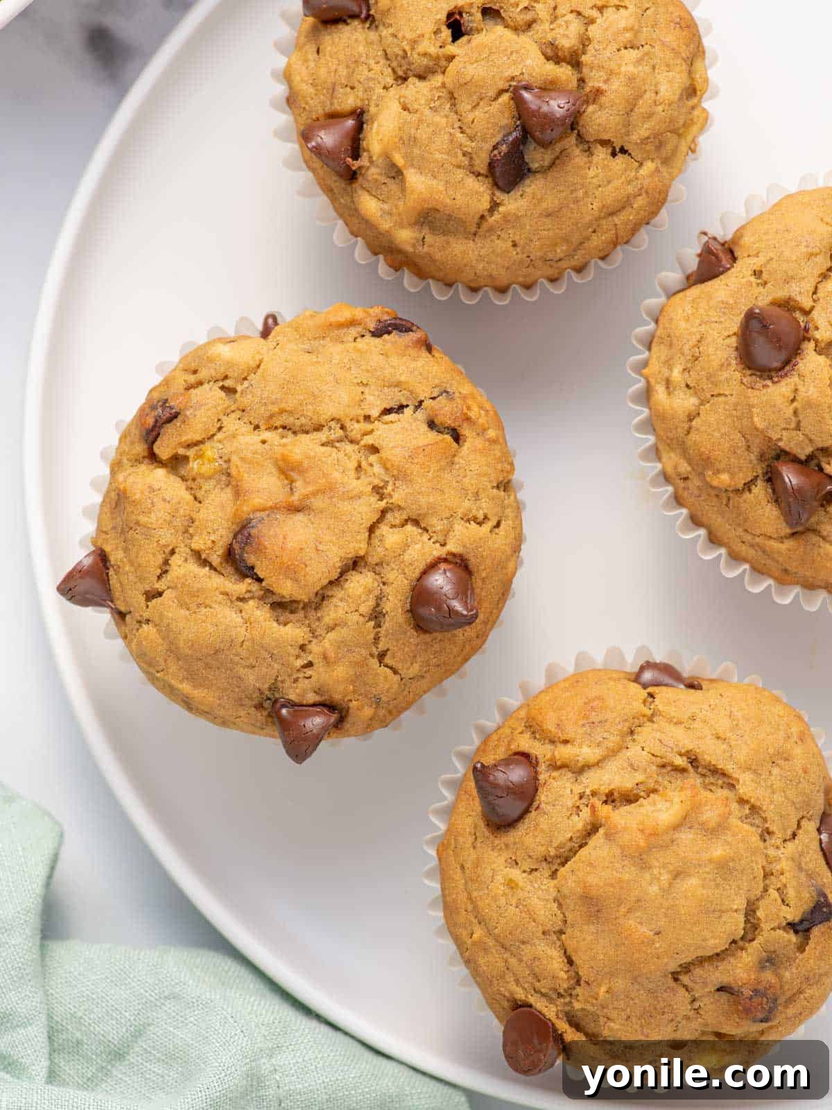 A beautifully arranged plate of golden-brown gluten-free banana muffins, with a gentle focus on their inviting texture.
