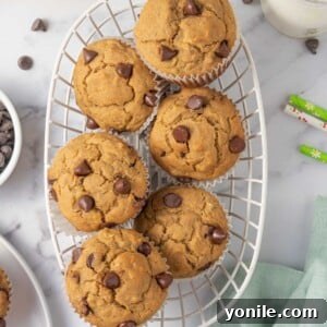 A basket of banana muffins with chocolate chips.
