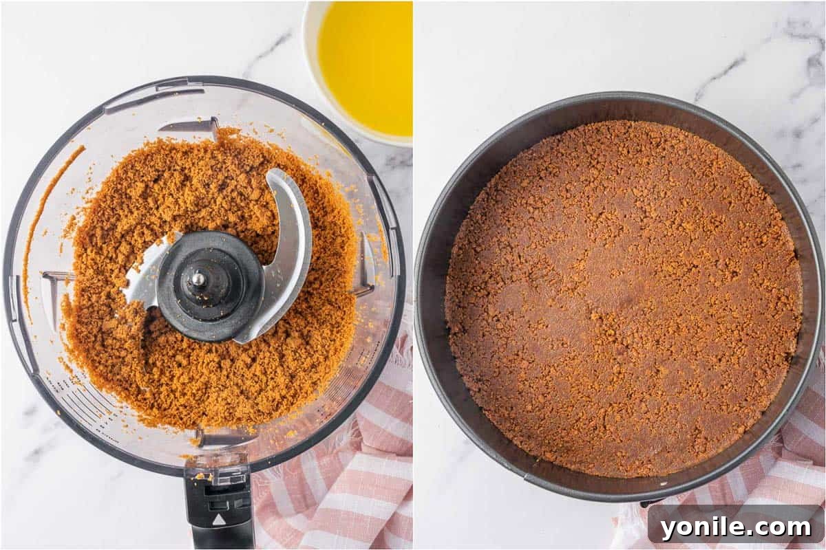 Biscoff cookies being processed into crumbs for the crust.