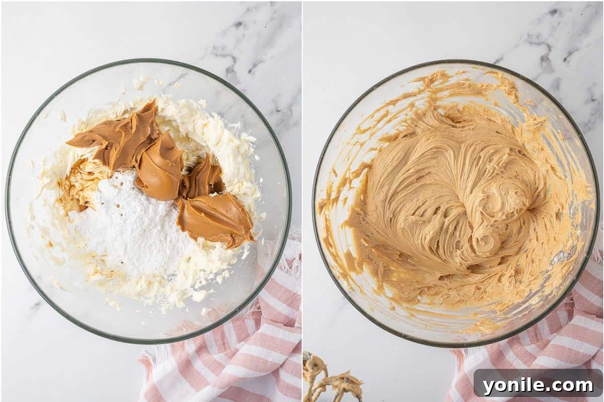 The creamy biscoff cheesecake filling being mixed in a bowl.