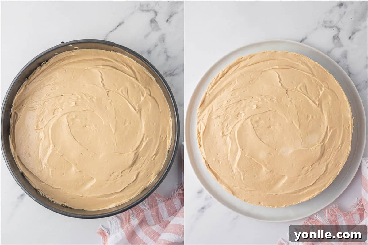 A no-bake cheesecake being carefully unmolded from a springform pan.