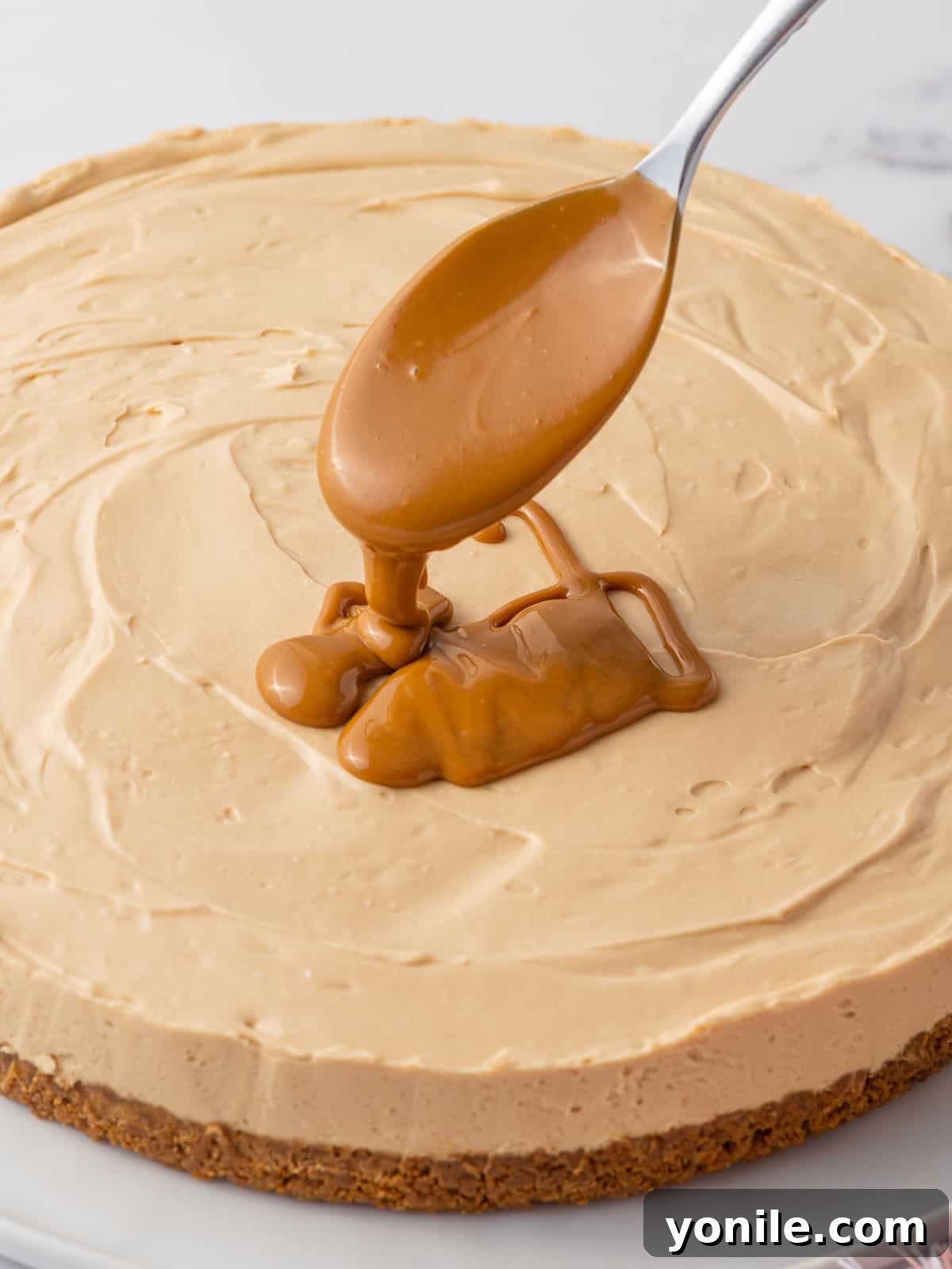 A spoon drizzling melted biscoff spread onto the chilled cheesecake.