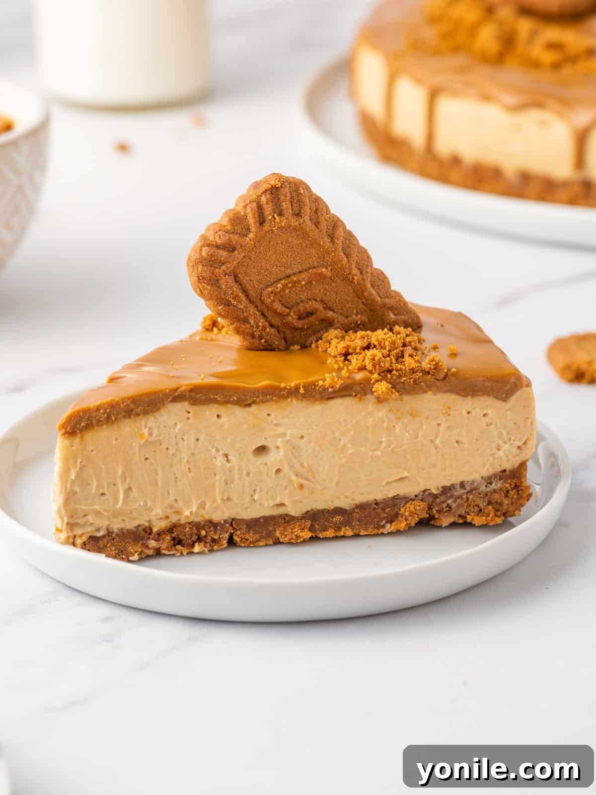 A slice of lotus biscoff no bake cheesecake on a white plate, ready to be eaten.