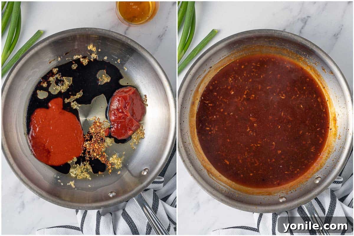 Sweet and Spicy Honey Chilli Potatoes 6 Ingredients for the sweet chilli sauce simmering in a pan, including honey, ketchup, soy sauce, and red chili paste, with garlic and ginger.