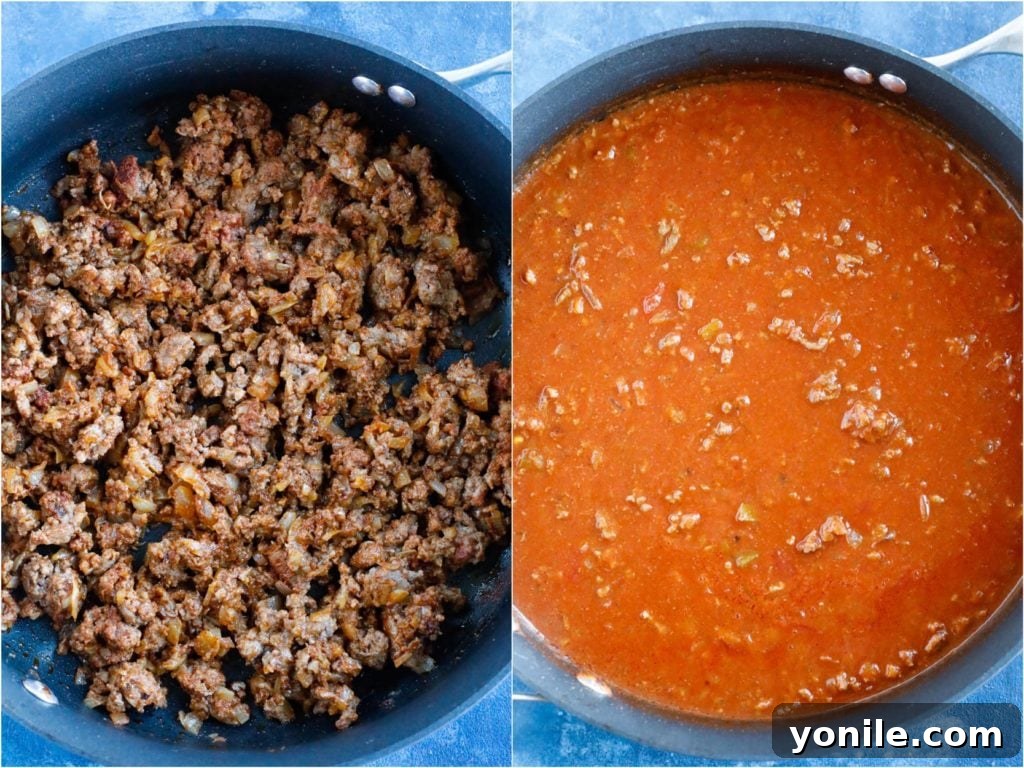 Step-by-step process of making Beef Taco Pasta, showing ingredients being added to a skillet.