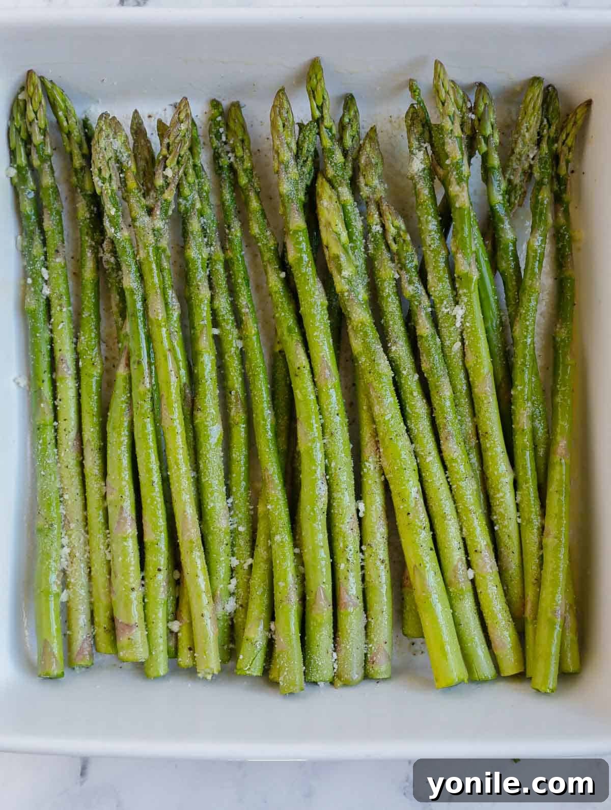 A plate with a pile of air fryer asparagus, ready to be served.