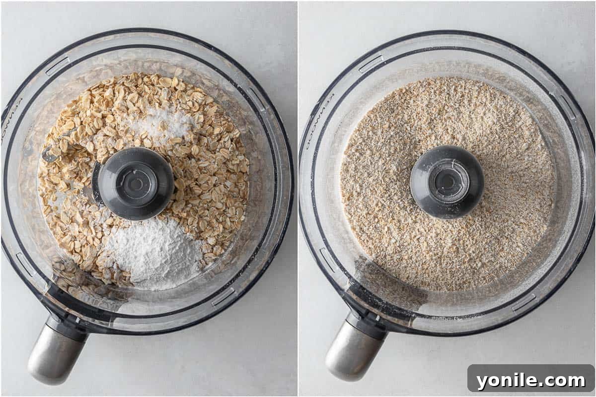Power-Packed Banana Protein Pancakes 4 A close-up of a kitchen blender containing rolled oats, baking powder, and salt, ready to be blended into a fine powder for banana oatmeal protein pancakes.