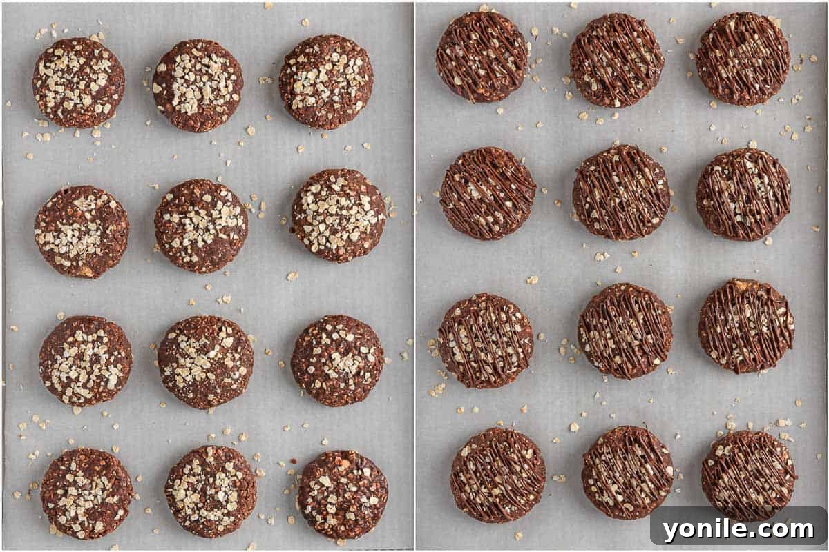Decorate no bake cookies with oatmeal and a drizzle of melted chocolate.