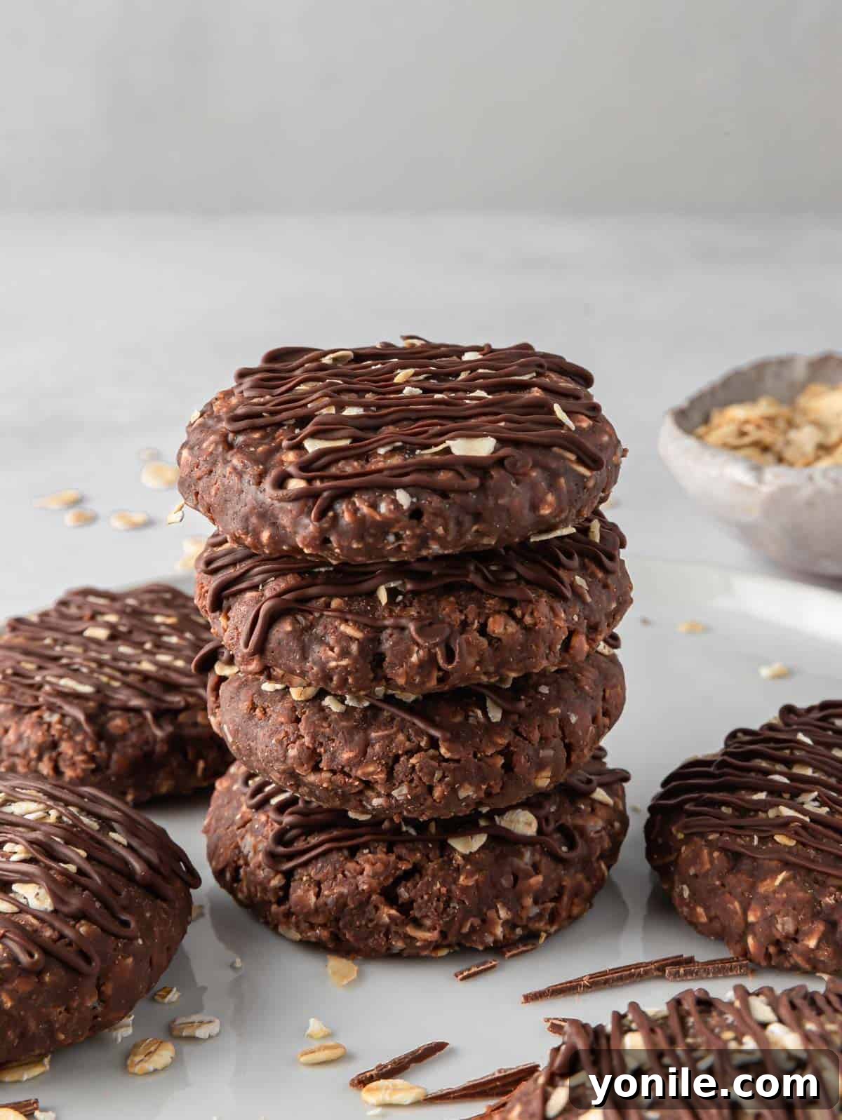 Easy no bake cookies in a stack.