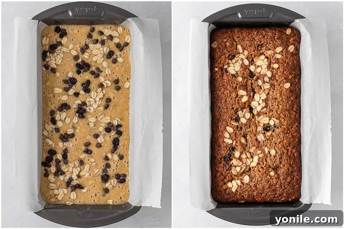 Wholesome Oat Banana Loaf 6 A two-panel image showing the healthy oatmeal banana bread batter in a loaf pan before baking, and the golden-brown finished loaf after baking.