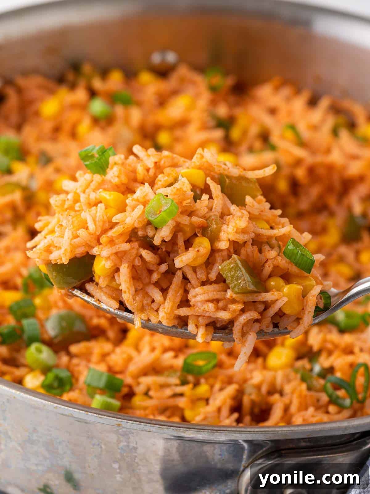 Fiesta Fried Rice 7 A close-up of a spoonful of easy Mexican fried rice, highlighting its texture and colorful ingredients.