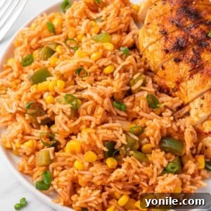 A helping of Mexican Fried Rice on a plate with grilled chicken.
