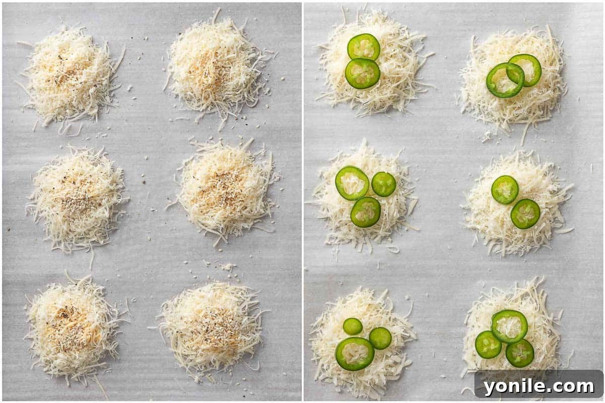 Crispy Parmesan Bites 4 Before baking, small mounds of grated Parmesan cheese arranged on a parchment-lined baking sheet.