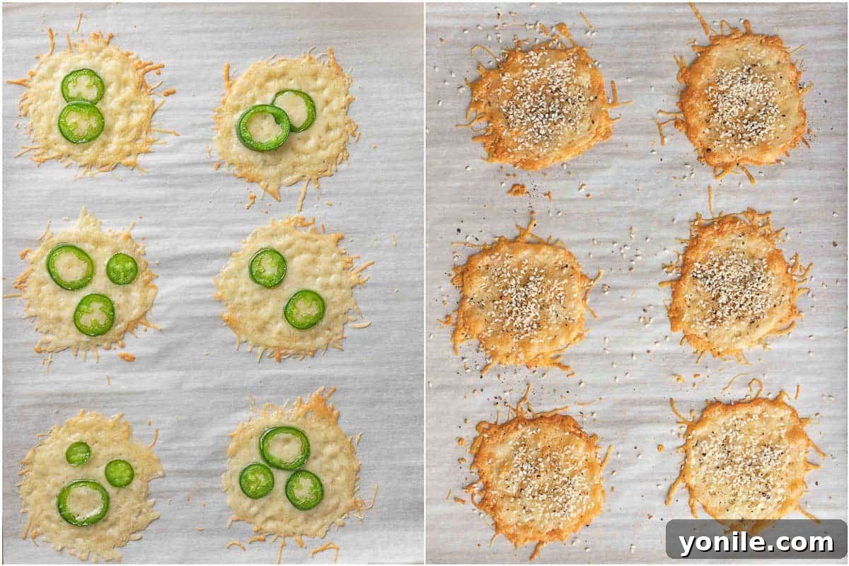 Crispy Parmesan Bites 5 Baked jalapeno cheese crisps and everything bagel cheese chips cooling on a parchment-lined tray.
