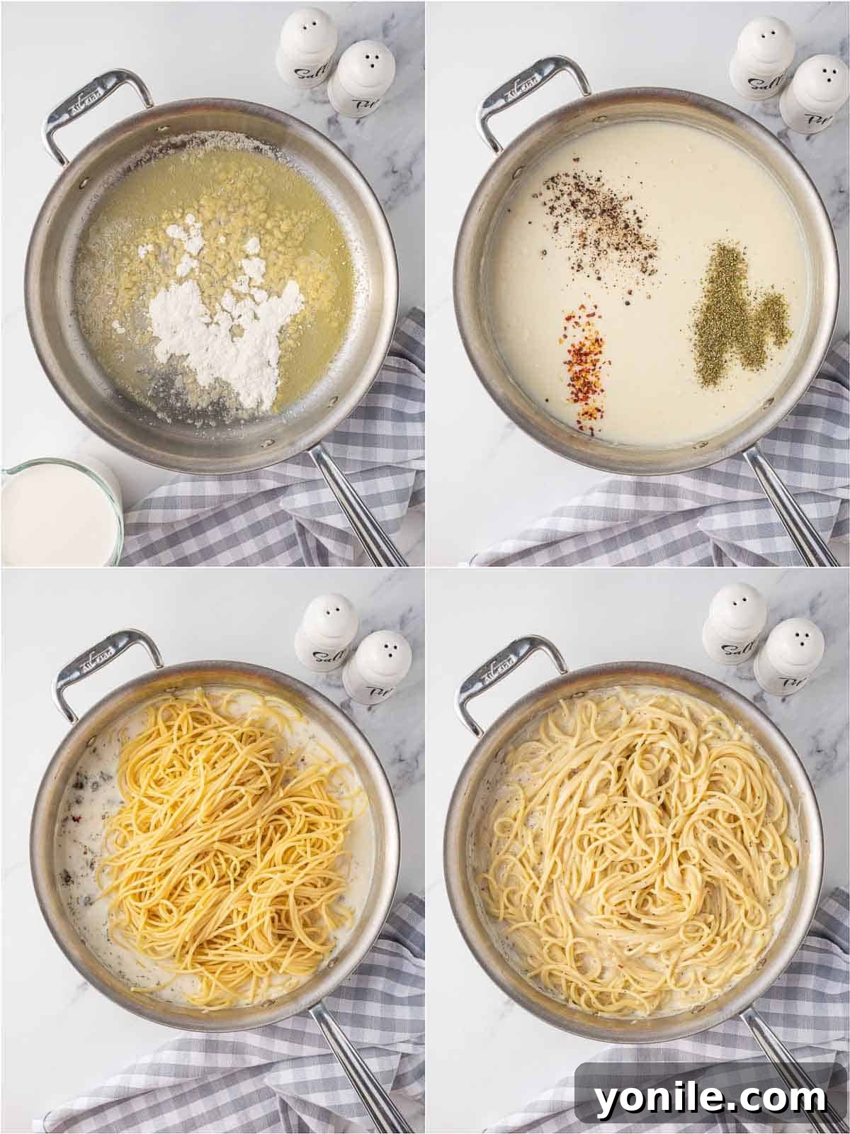 How to prepare alfredo sauce and toss with spaghetti in a large skillet.