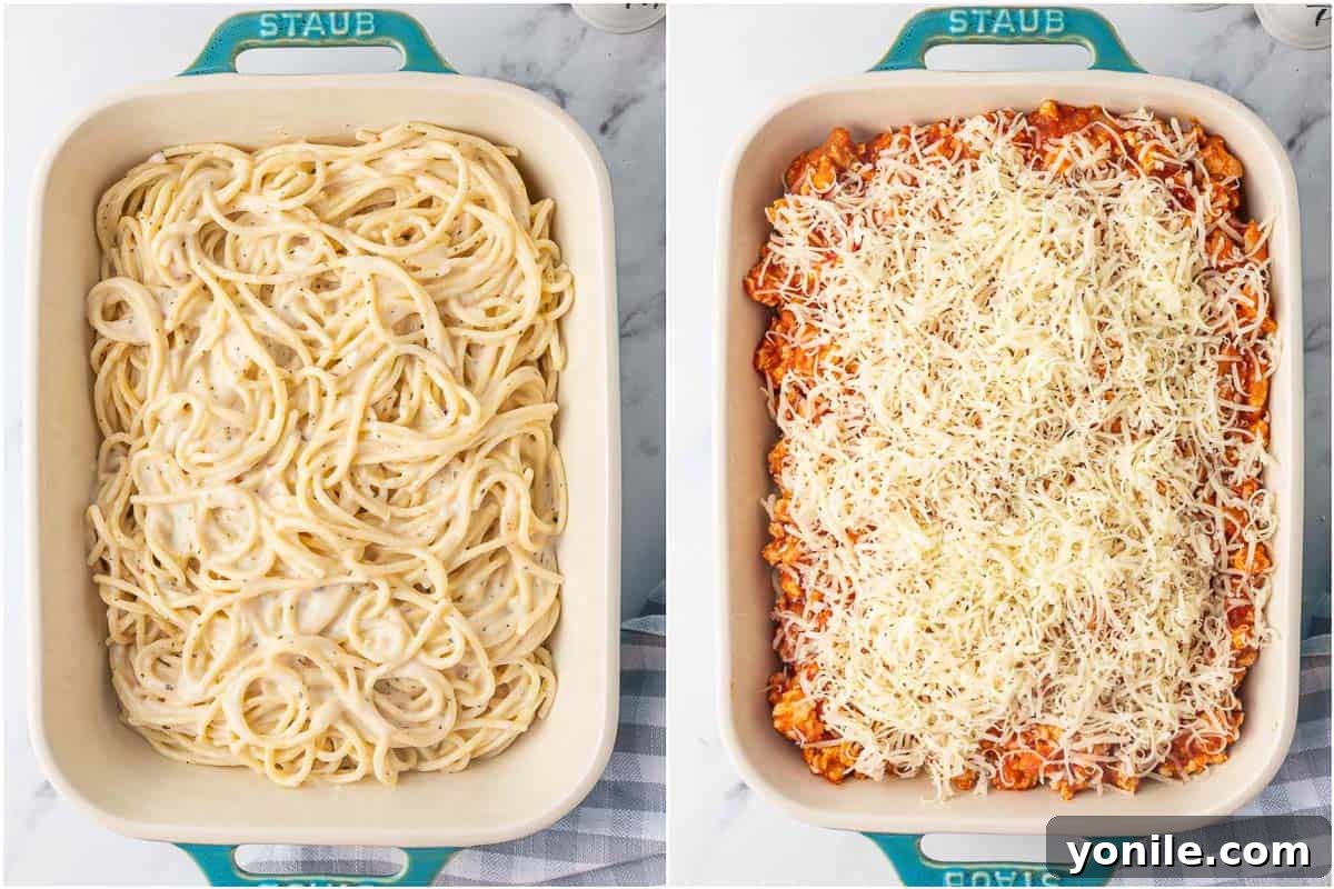 How to layer a TikTok Spaghetti casserole with meat sauce and cheese.