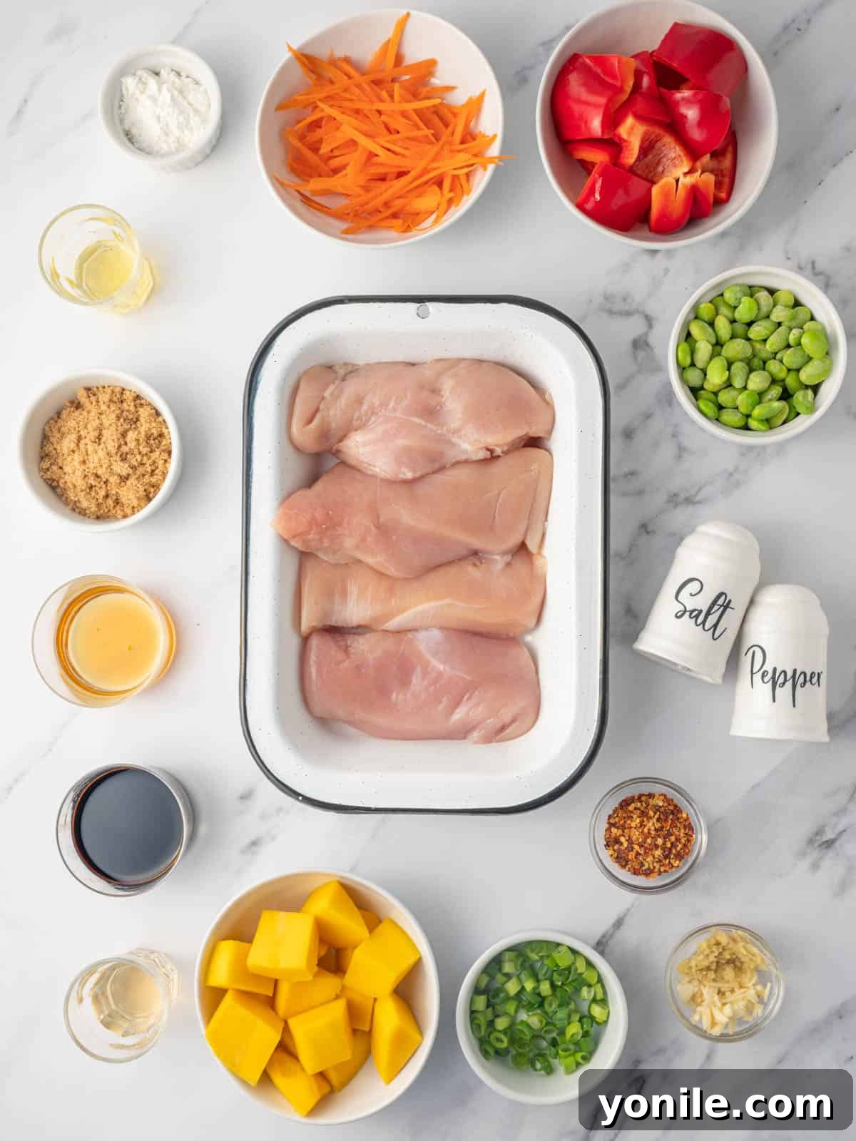 Arrangement of fresh ingredients for a teriyaki chicken bowl, including chicken breasts, soy sauce, ginger, garlic, bell peppers, mango, rice, and various garnishes.