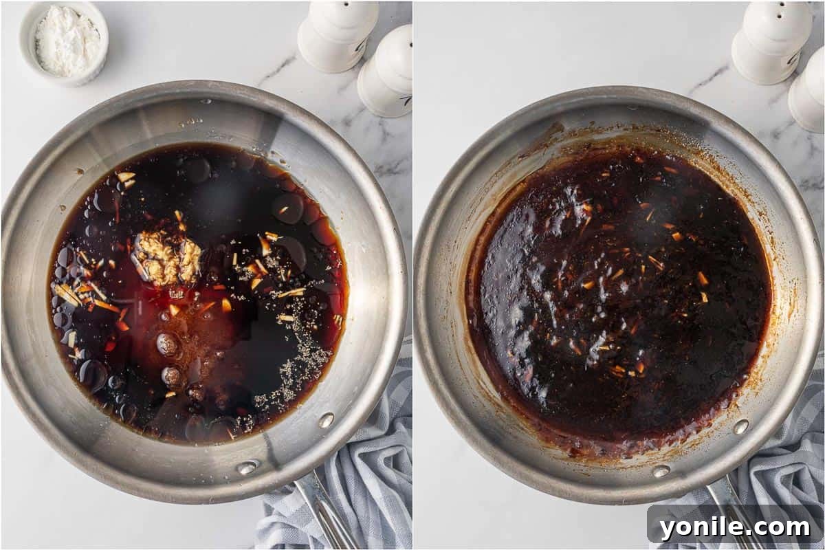 A close-up of a skillet filled with glossy, bubbling homemade teriyaki sauce.
