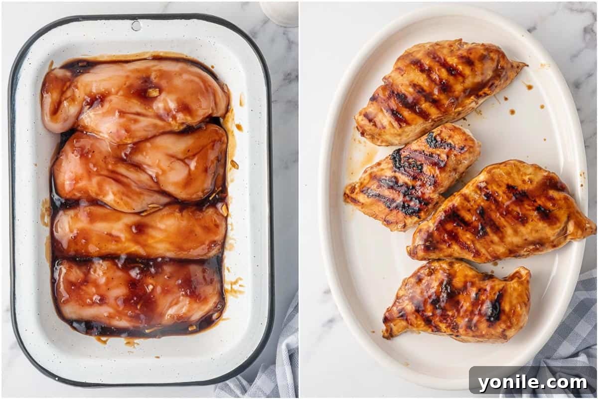 Marinated chicken breasts being cooked on a hot griddle, showing char marks and golden-brown color.