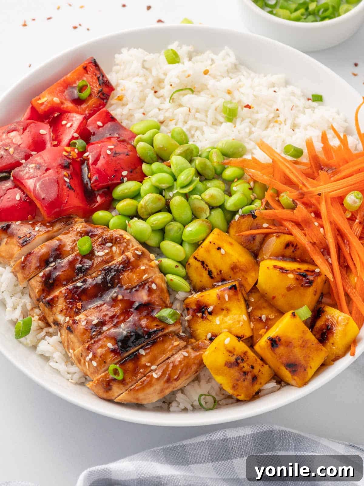 A close-up shot of a single chicken teriyaki bowl, showcasing the glistening sauce, tender chicken, and fresh vegetables atop a bed of rice.