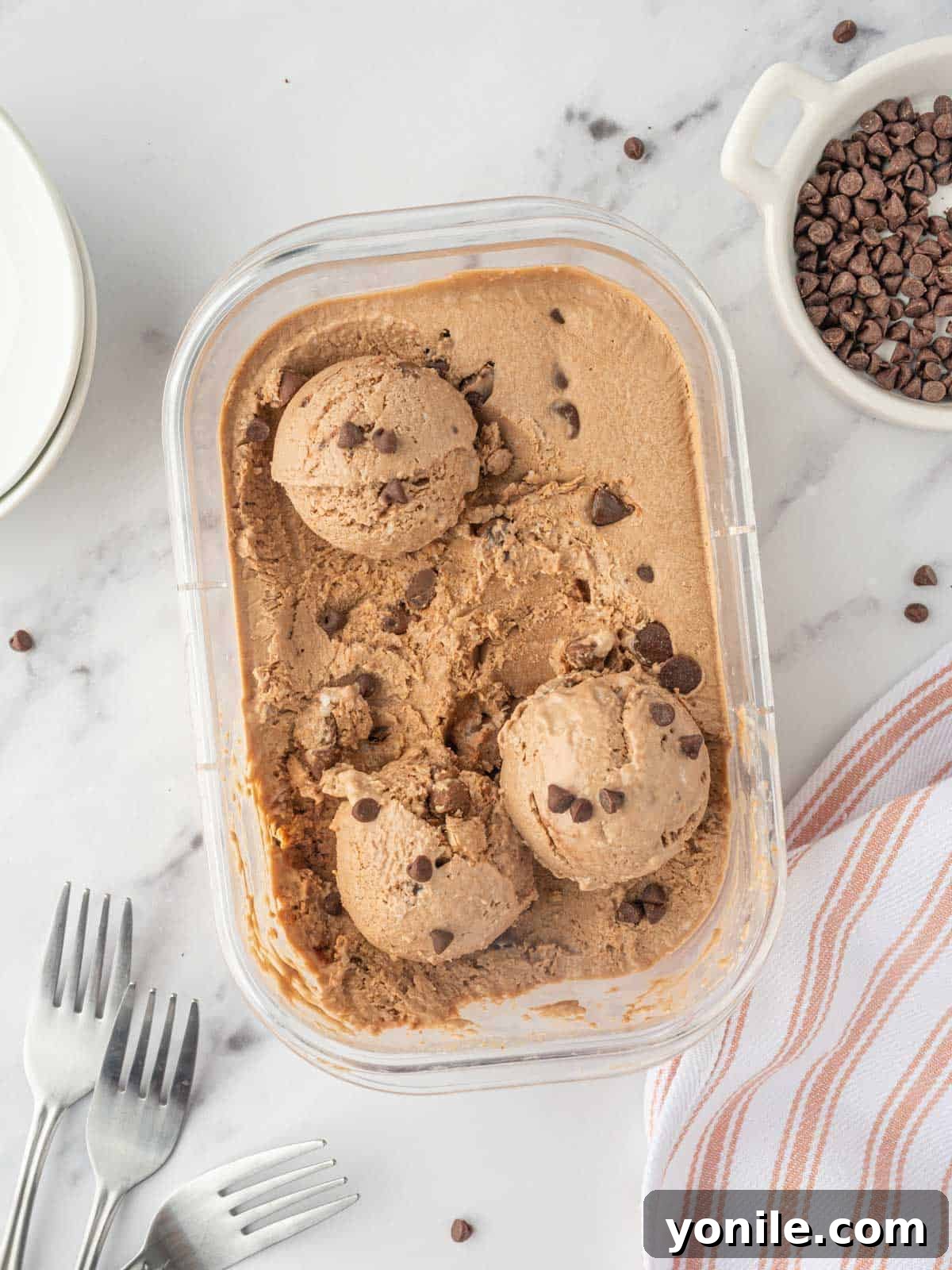 Container of chocolate ice cream.