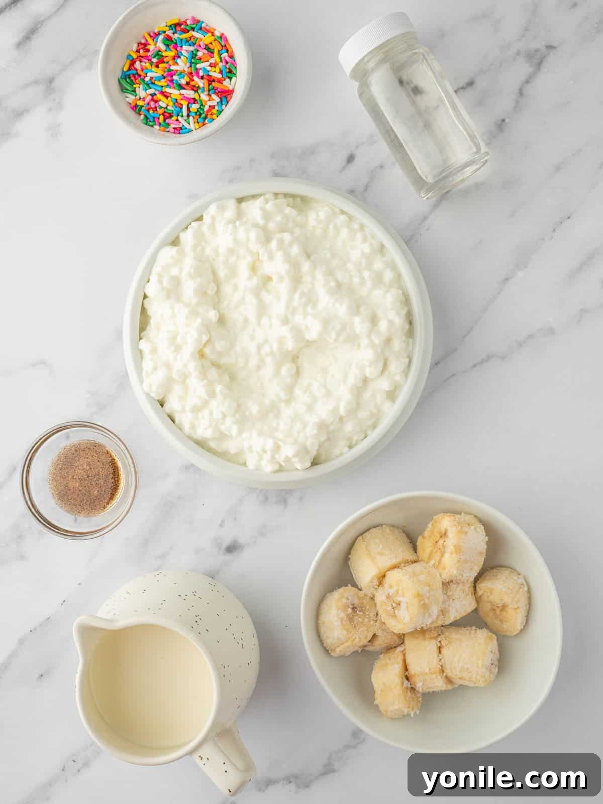 Ingredients needed for vanilla cottage cheese ice cream.