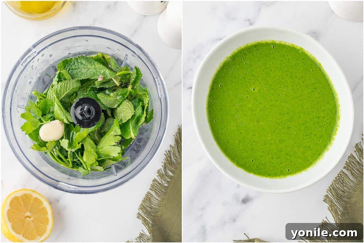A food processor blending fresh parsley, mint, olive oil, and other ingredients to create the mint herb sauce.