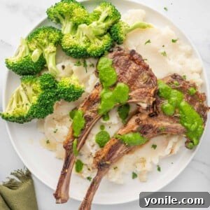 Mediterranean lamb chops with mashed potatoes and broccoli.