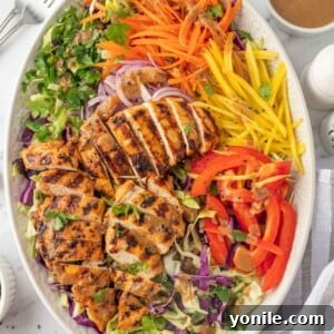 A platter of mango chicken salad ingredients.