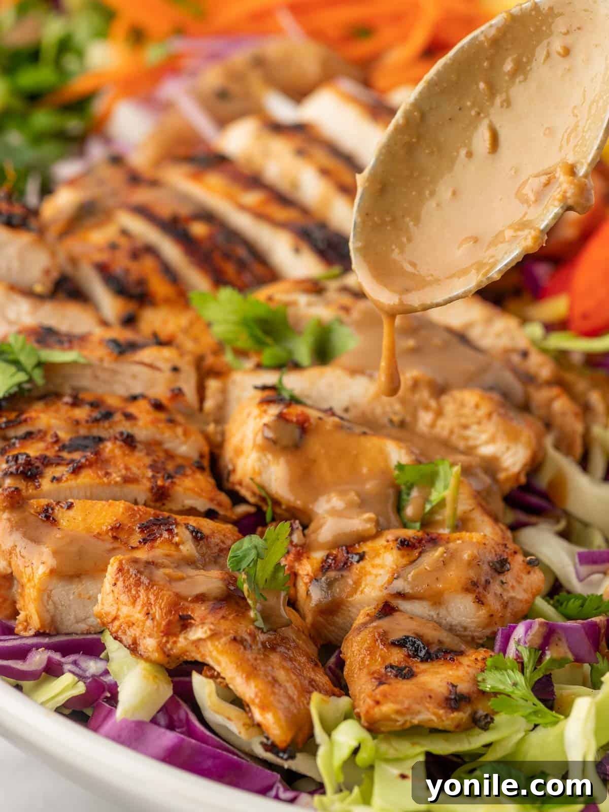 A spoon drizzles peanut butter over grilled chicken.