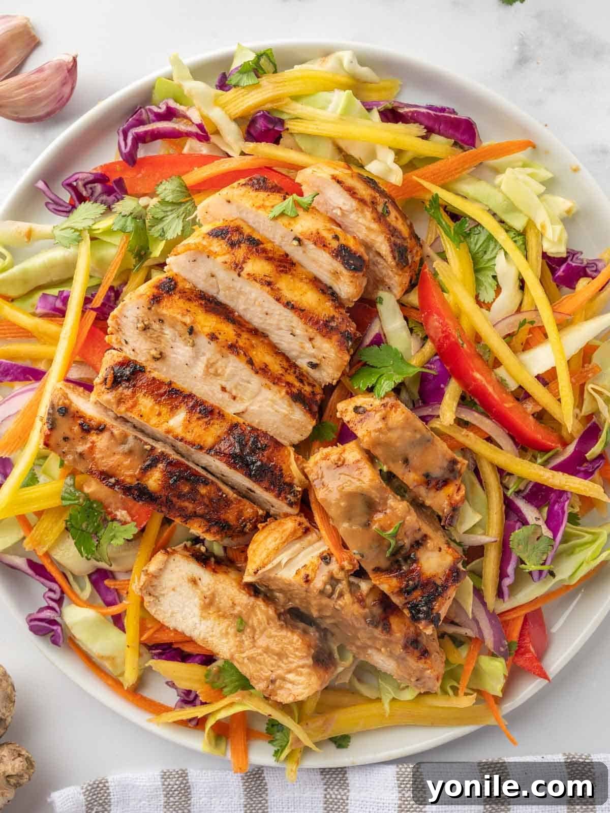 Top view of grilled chicken and mango thai salad.