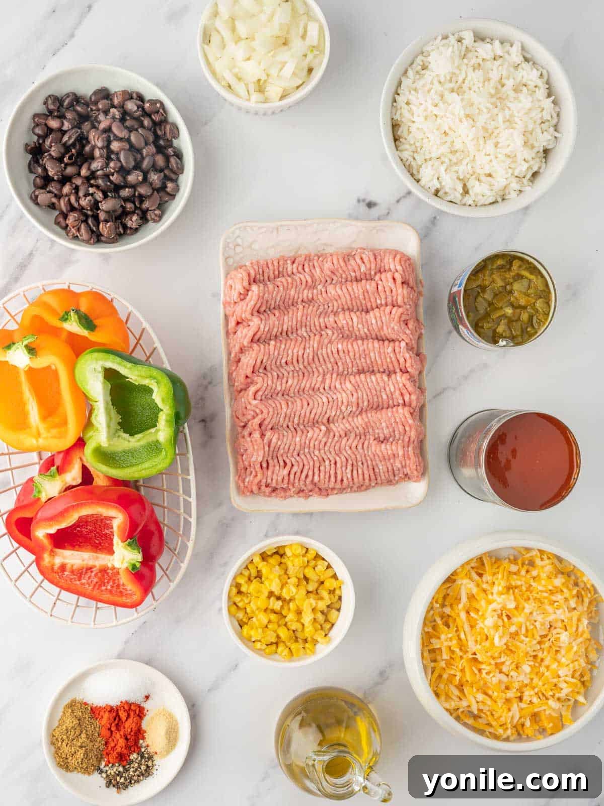 Ingredients needed for stuffed air fryer bell peppers.