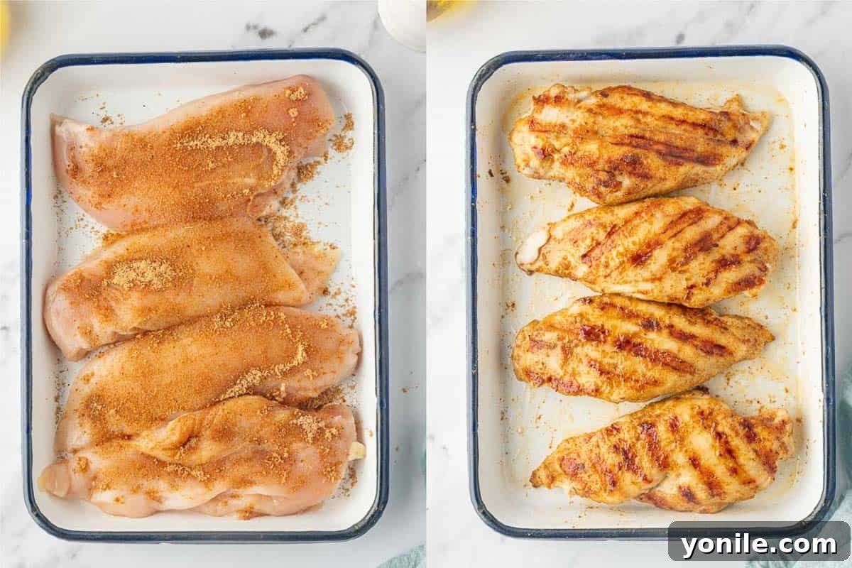 Fiesta Chicken Salad 4 Before and after grilled chicken on a platter.