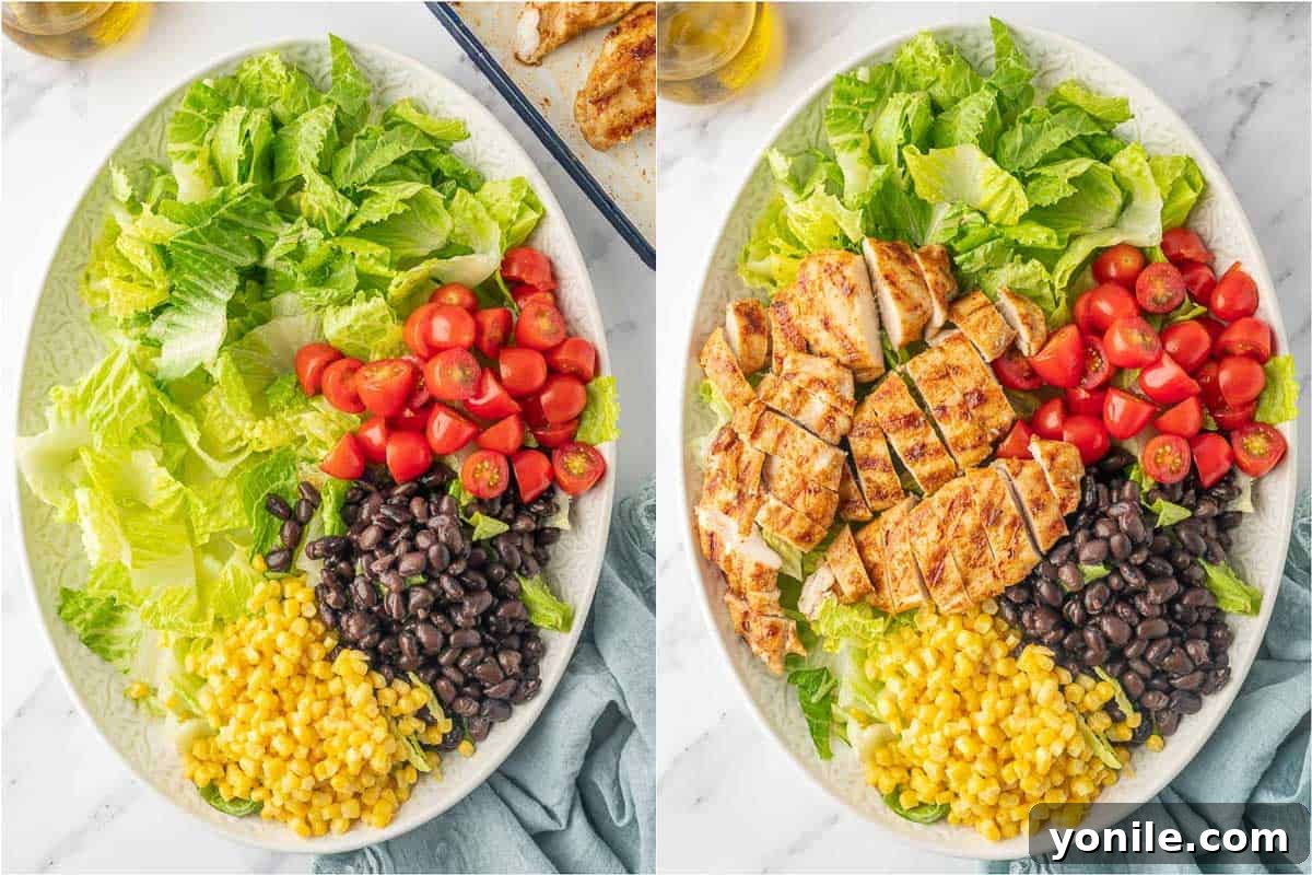 Fiesta Chicken Salad 6 How to build a grilled chicken salad recipe on a platter.