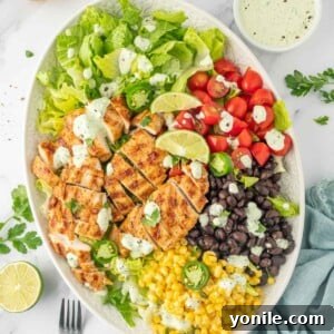 Ingredients for grilled chicken salad recipe piled on a plate with forks and dressing to the side.
