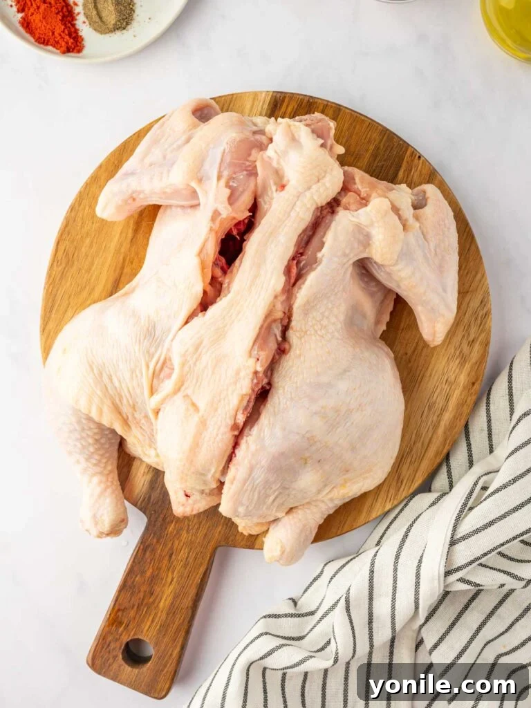 The backbone is cut to be removed from the chicken to spatchcock it.