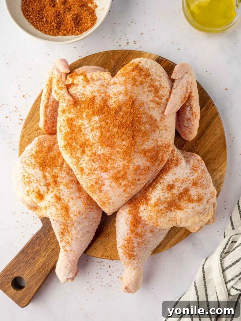 A powdered seasoning blend covers a whole raw chicken.
