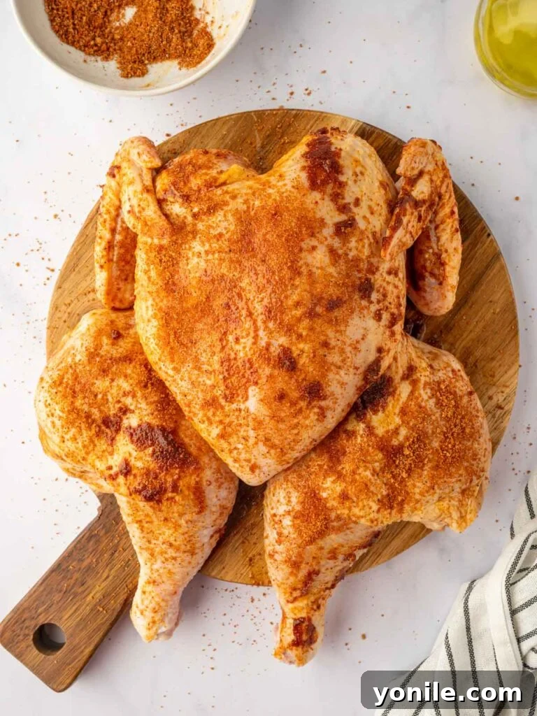 Oil is rubbed over seasoned chicken before marinating.