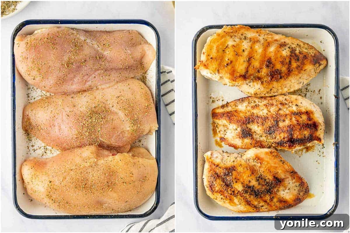 Velvety Chicken Tortellini Alfredo 4 Grilled seasoned chicken on a platter, sliced and ready for the dish.