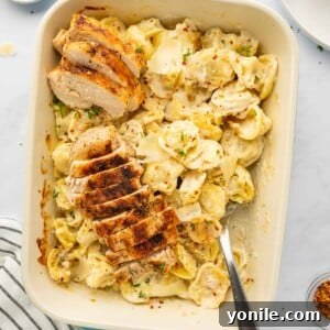Velvety Chicken Tortellini Alfredo 10 A spoon dishes out some alfredo tortellini.