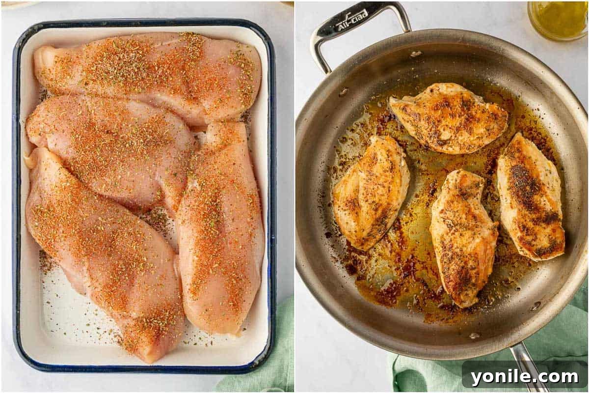 Sear the seasoned chicken breast until golden brown on both sides.