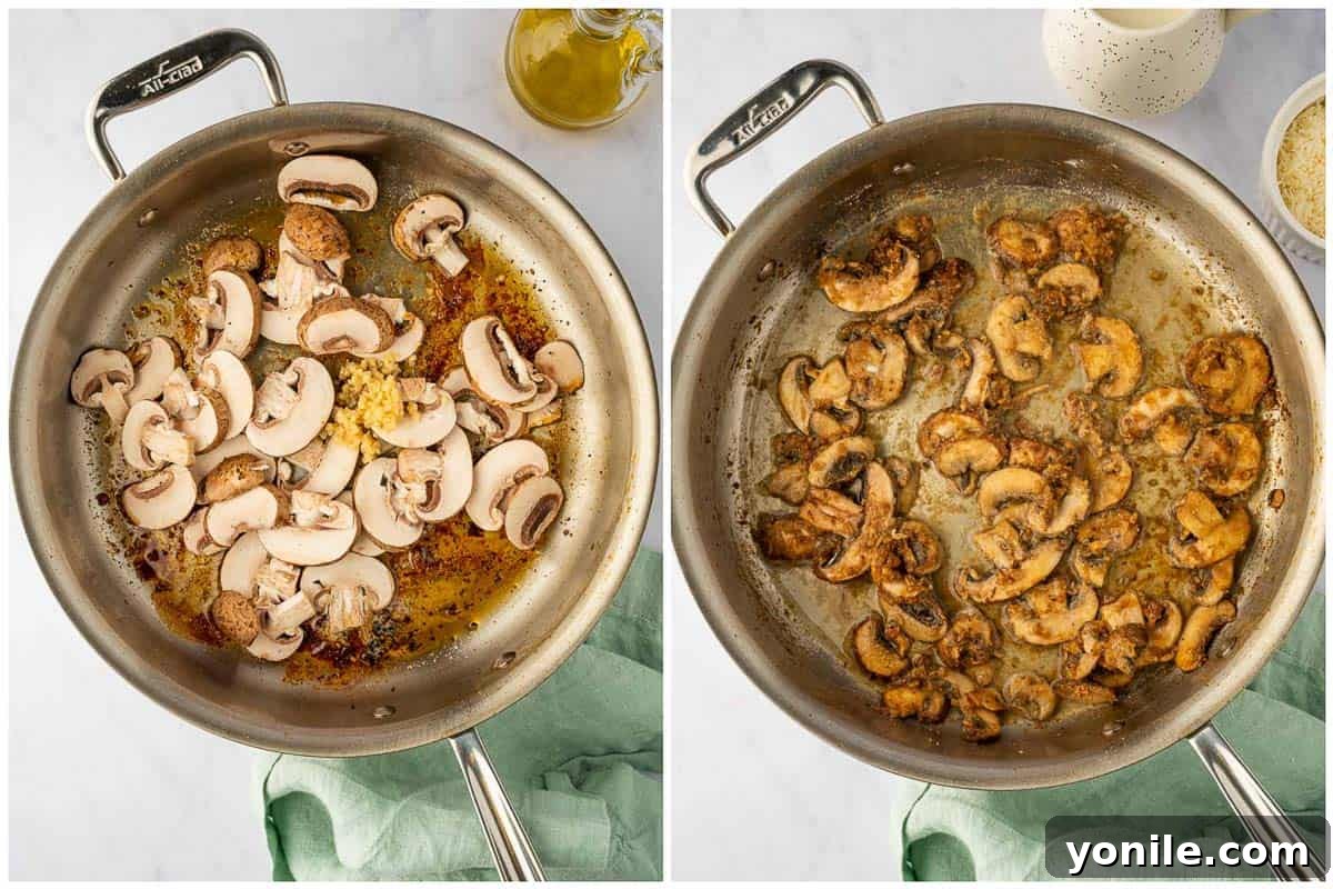 How to saute mushrooms in a skillet until golden brown and tender.