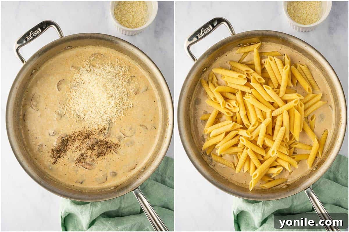 Prepare the creamy sauce in a skillet and add the penne pasta.